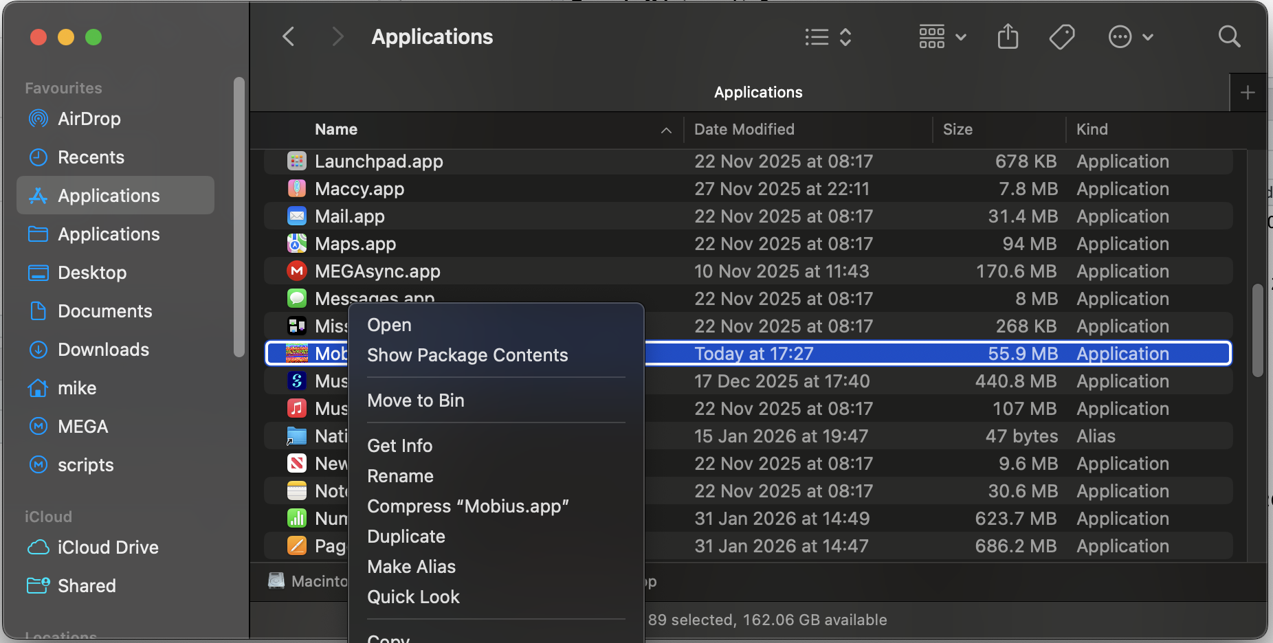 Selecting Get Info from Finder